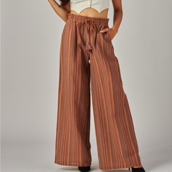 Love Poem Pants - Elegant Brown Striped Wide Leg Pants